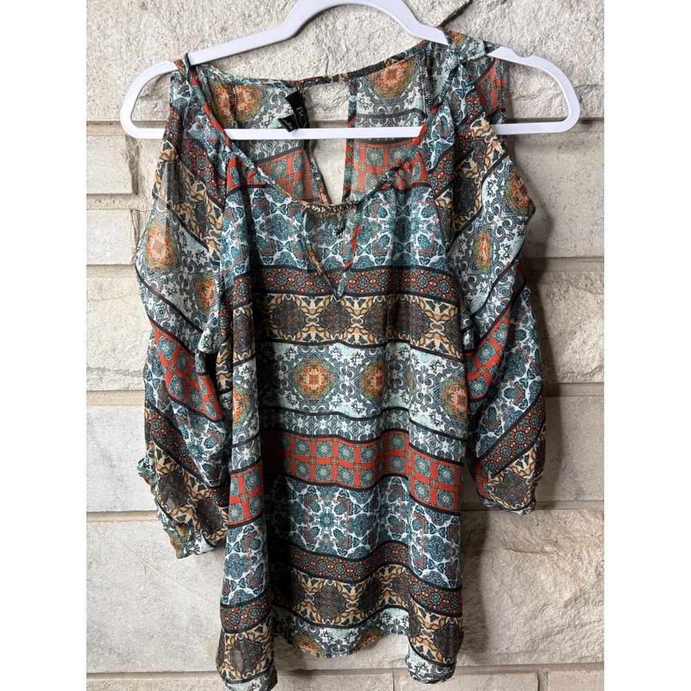 BCX Womens Medium Cold Shoulder Boho‎ Medallion Tile Print Teal Orange V-Neck